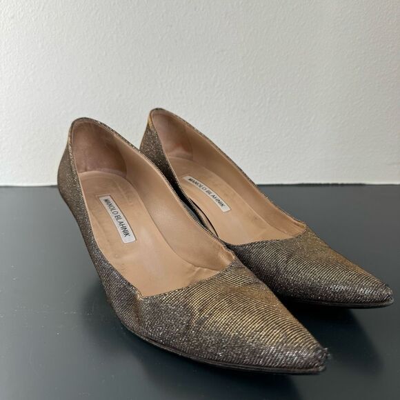 Manolo Blahnik Lurex Glitter Gold Metallic Pointed Kitten Heel Size 40 9.5 Party - Picture 1 of 15